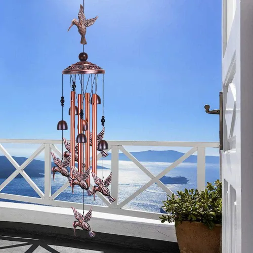 Miniatura 7 de Campanillas de viento de colibrí para jardín, decoración al aire libre, con 4 tubos, 6 campanas, 7 colibríes, captador de viento romántico