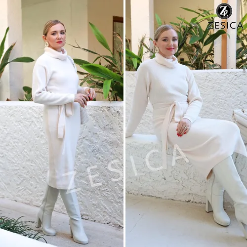 Miniatura 18 de ZESICA - Vestido por debajo de la rodilla de suéter, de cuello alto, para mujer, de manga larga, de punto acanalado, con abertura y cinturón