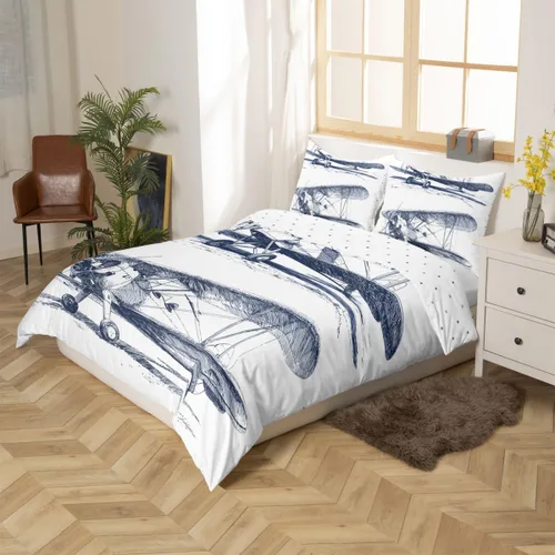 Miniatura 2 de Feelyou Juego de ropa de cama de avión, tamaño individual, para niños, adolescentes, funda de edredón para vuelo, helicóptero, avión volador, azul