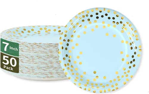 Miniatura 18 de Platos de papel para fiesta de puntos negros y oro rosa, 50 piezas desechables para fiestas, platos de papel de postre para cumpleaños, bodas