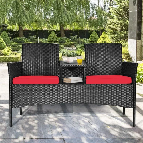 Miniatura 3 de HAPPYGRILL Sofá biplaza de mimbre de ratán con mesa de café, sofá de conversación al aire libre con cojines para jardín, césped, patio trasero