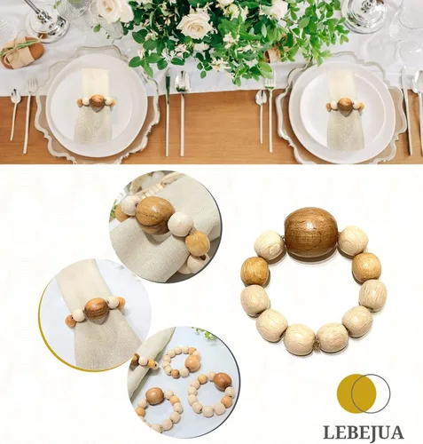 Miniatura 9 de Juego de 6 servilleteros de madera con cuentas de madera Servilleteros de madera rústica para decoración de mesa, hecho a mano, servilleta LEBEJUA