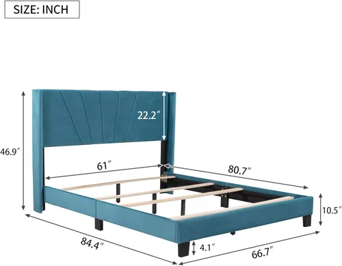 Miniatura 2 de Majnesvon Base de cama tapizada con plataforma tapizada, de terciopelo tamaño Queen, base de colchón, necesita somier, fácil montaje, tamaño Queen