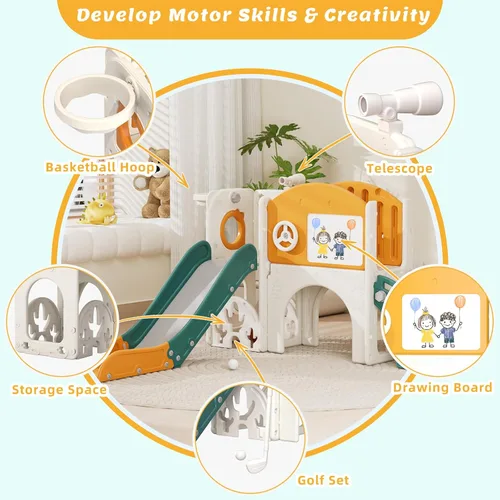 Miniatura 7 de 67i Tobogán infantil para interiores con tabla de dibujo, juego de golf, aro de baloncesto, parque infantil para niños de 1 a 3 años, pasos