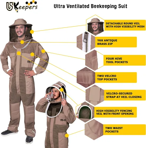 Miniatura 3 de Traje de abeja ultra ventilado de 3 capas para hombres y mujeres, traje de apicultura prémium con guantes de abeja y dos velos de apicultura Marrón