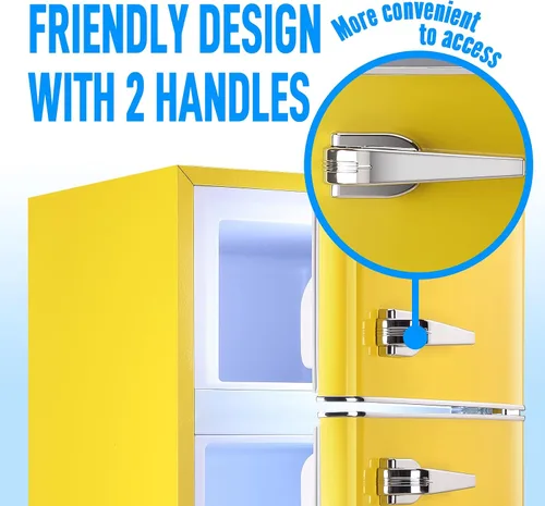 Miniatura 6 de WANAI Mini refrigerador de 2 puertas y 2 manijas con congelador en la parte superior, espacioso refrigerador pequeño de 3.5 pies cúbicos con Amarillo