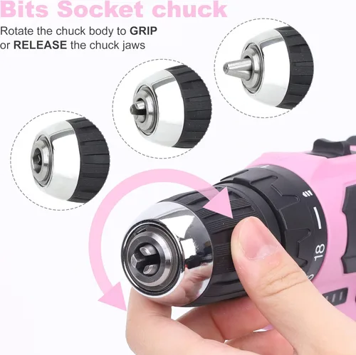 Miniatura 8 de FASTPRO Kit de taladro rosa de 42 piezas de 12 V, taladro inalámbrico de 3/8 pulgadas con baterías de 1.5 Ah, cargador y bolsa de herramientas