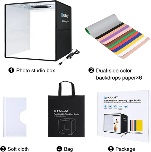 Miniatura 9 de PULUZ Caja de luz de estudio fotográfico de 10 x 10 pulgadas, caja de carpa de fotografía plegable portátil, pequeña caja de luz para tomas lightbox