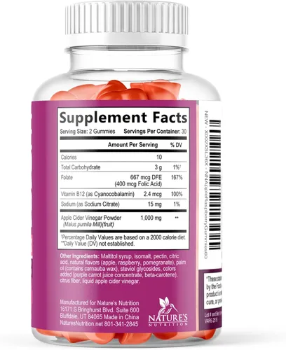 Miniatura 9 de Gomitas de vinagre de sidra de manzana, 1000 mg por porción, suplemento de vitaminas ACV de máxima fuerza sin azúcar, fórmula avanzada, vitamina B12