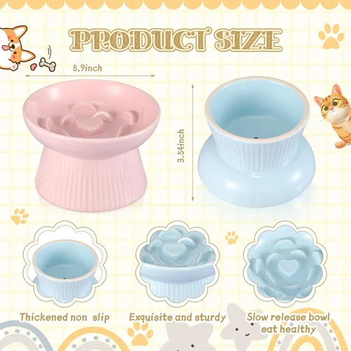 Miniatura 2 de Layhit Paquete de 2 cuencos elevados de alimentación lenta para gatos, cuencos elevados de cerámica para comida para gatos, anti vómitos, comedero