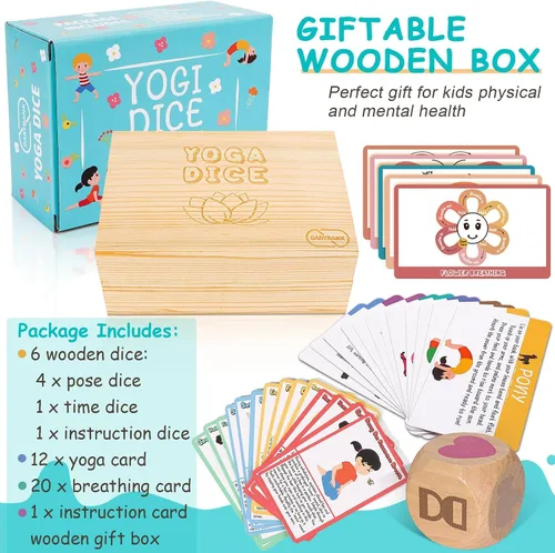 Miniatura 8 de Garybank Dados de yoga para niños con 12 tarjetas de yoga, 20 tarjetas de ejercicio de respiración, suministros de esquina para calmar, juego