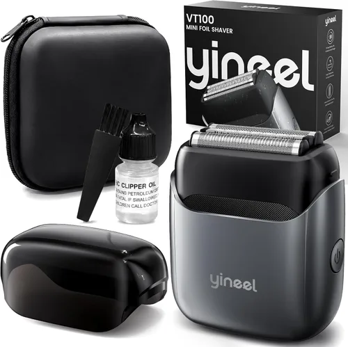 Yineel VT100 - Afeitadora eléctrica de aluminio para hombre, tamaño de bolsillo con funda, elegante mini maquinilla de afeitar eléctrica portátil,