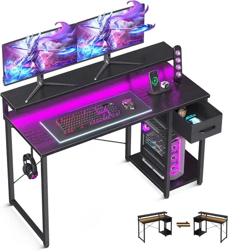 Miniatura 11 de AODK Escritorio para juegos con luces LED, escritorio para computadora de 55 pulgadas con cajones, escritorio pequeño reversible con soporte