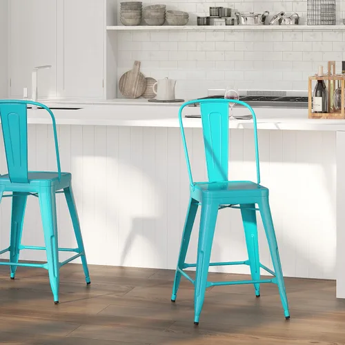Merrick Lane Stella - Taburete de 24 pulgadas para interiores y exteriores, taburete de metal con acabado de cristal verde azulado y azul, parte