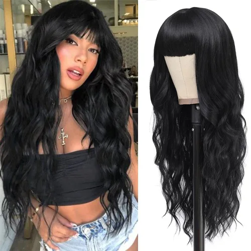 Peluca larga negra ondulada con flequillo para mujer, 26 pulgadas, peluca sintética de aspecto natural de repuesto para uso diario, fiesta, cosplay,