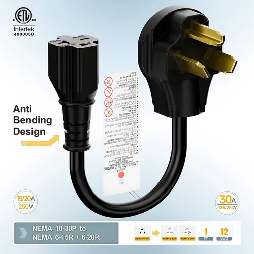 Miniatura 3 de Enchufe de secadora Nema 10-30P de 30 amperios macho a 6-20R T-Blade Hembra, 30A 125/250V Enchufe de 3 clavijas a 20A 250V 6-20/15R Adaptador 12-AWG