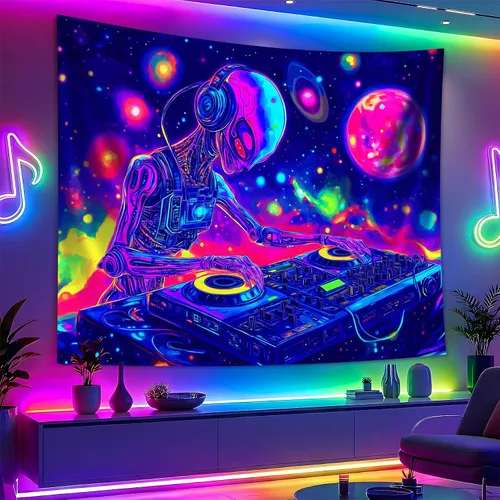 Miniatura 2 de BVBOX Tapiz de astronauta espacial con luz negra, reactivo a los rayos UV, galaxia, planeta que brilla en la oscuridad, póster de luz negra, arte
