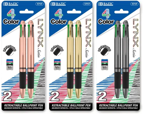 BAZIC PRODUCTS Lynx - Bolígrafos retráctiles de 4 colores con parte superior satinada, 0.039 pulgadas (0.039 in), agarre acolchado, para escuela,