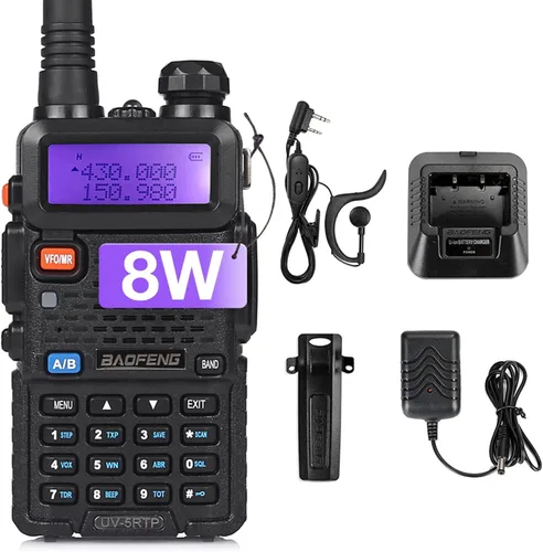 Baofeng UV-5R 8W Radio bidireccional de doble banda, UV-5RTP Radio de mano con auricular, batería de 1800mAh, cargador de escritorio, 128CH, soporte
