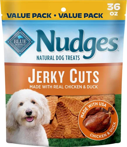 Blue Buffalo Nudges Jerky Cuts - Golosinas para perros, fabricadas en los Estados Unidos con ingredientes naturales, pollo y pato, bolsa de 36 onzas