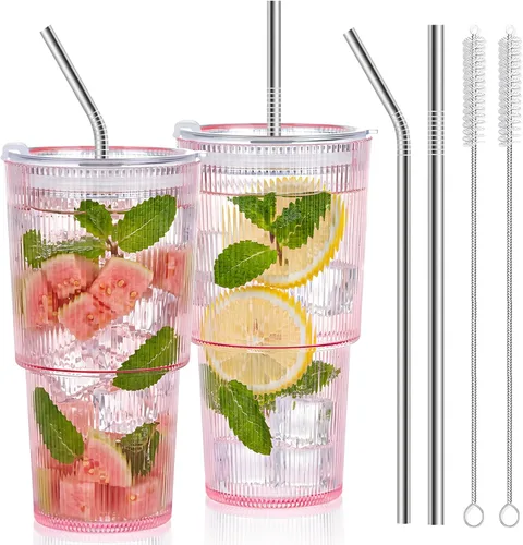 Miniatura 12 de 2 Pcs 20oz Plastic Ribbed Tumblers with Lid and Straws Blue Plastic Reusable Iced Coffee Cups with Lid Unbreakable Vintage Ribbed Drinking Glasses