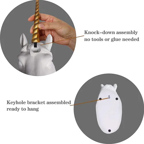 Miniatura 5 de Cabeza de unicornio para montaje en pared, escultura de cabeza de unicornio blanca con cuerno de oro, cabeza de animal de resina sintética