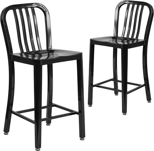 Flash Furniture Banqueta de metal, con altura para mesada, para interior o exterior, con listón vertical, color negro., Metal, Negro