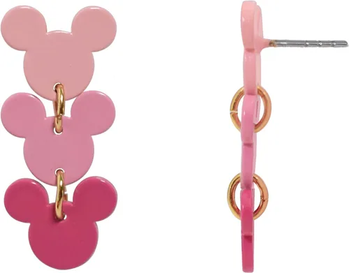 Disney Aretes colgantes lineales de Mickey Mouse para mujeres y niñas, un par en caja de regalo de joyería auténtica con 3 dijes colgantes de