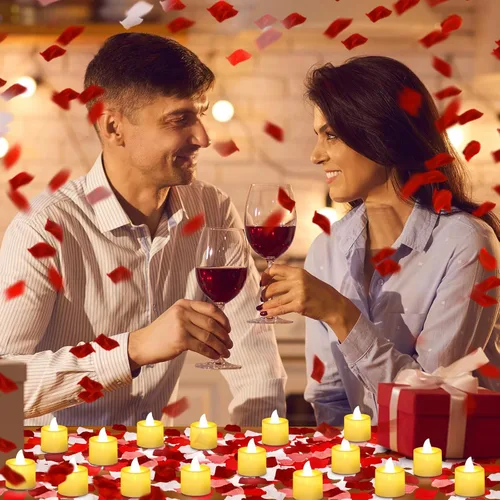 Miniatura 7 de Coume 6000 pétalos de rosa artificiales con 72 velas LED sin llama, decoraciones románticas, velas falsas, decoraciones de aniversario para el día