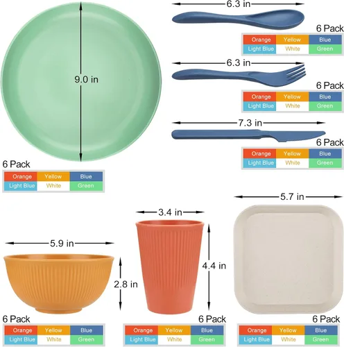 Miniatura 2 de Juego de platos y tazones de 42 piezas de paja de trigo para 6, juego de platos irrompibles aptos para lavavajillas y microondas, juego de tazas