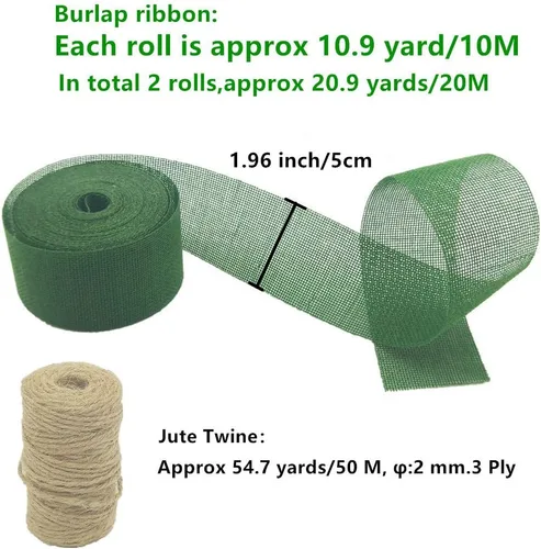 Miniatura 2 de Juego de 2 rollos de cintas de arpillera, 21.87 yardas y 2 pulgadas de ancho para coronas de manualidades, envoltura, arcos, árbol de Navidad