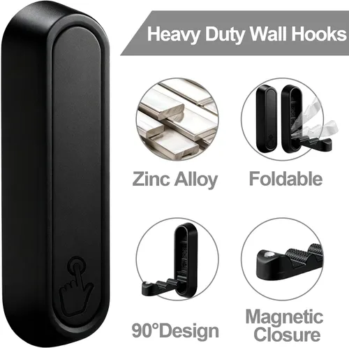 Miniatura 3 de Paquete de 4 ganchos plegables de pared, ganchos negros resistentes, ganchos plegables de aleación de zinc para colgar abrigos, sombreros, toallas