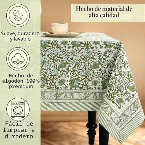 Miniatura 7 de CPC - Mantel cuadrado 100% algodón, 60 x 60 pulgadas, estampado de bloques indios, mantel para bodas, primavera/verano, barbacoa, verde ágata