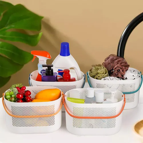 Miniatura 8 de AVLA Paquete de 4 cestas portátiles para ducha, cestas de almacenamiento de plástico con asas, organizador de artículos de tocador de drenaje, bolsa