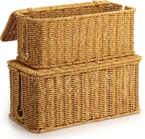 Miniatura 8 de Caja de Gestión de Cables Hecha a Mano Marrón, Organizador de Cables de Ratán de Imitación Caja Ocultadora de Cables, Caja Organizadora de Cables