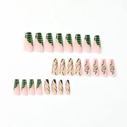 Miniatura 2 de Foccna Uñas postizas largas verdes con forma de ataúd a presión en serpiente, uñas postizas francesas brillantes para uso diario, uñas artificiales