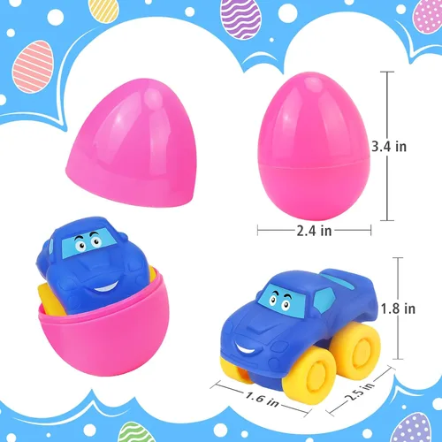 Miniatura 6 de Huevos de Pascua precargados con autos de juguete: 12 huevos de Pascua rellenos con juguetes de goma suave, rellenos de cesta de Pascua para bebés