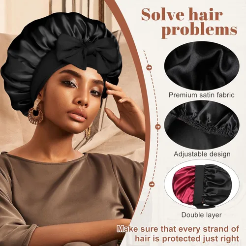 Miniatura 4 de Gorro de satén de seda para dormir, gorro de seda de doble capa con banda elástica para cabello rizado Negro + rojo