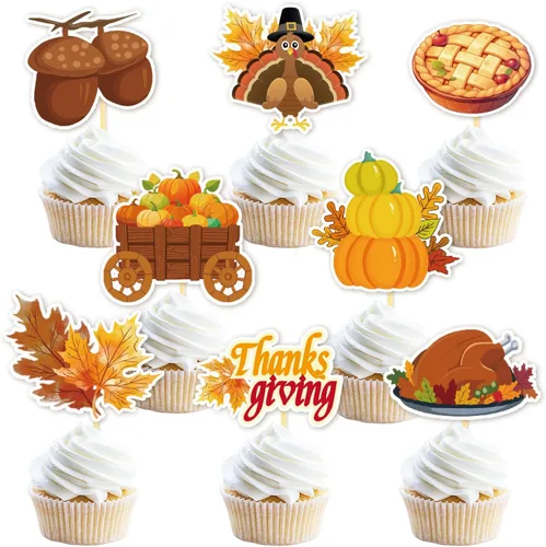 Miniatura 11 de 24 adornos de otoño para cupcakes para decoración del día de Acción de Gracias, lazo con purpurina para pasteles Thankful Blessed Grateful