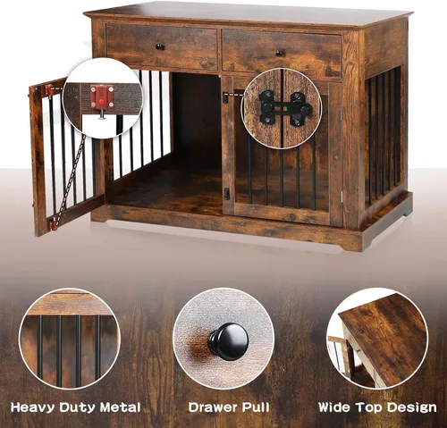 Miniatura 7 de LEMBERI Mueble de jaula para perros grande de 44 pulgadas, mesa auxiliar de madera para perros con cajones de almacenamiento, jaula decorativa