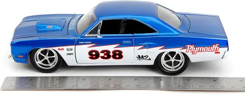 Miniatura 6 de Jada Big Time Muscle 1:24 1970 Plymouth Roadrunner - Auto fundido a presión, juguetes para niños y adultos (azul caramelo/blanco)