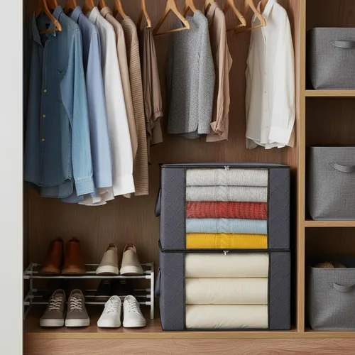 Miniatura 7 de Bolsas de almacenamiento grises de 90 L con tapas, cremallera y ventana transparente, paquete de 3 organizadores plegables grandes de armario