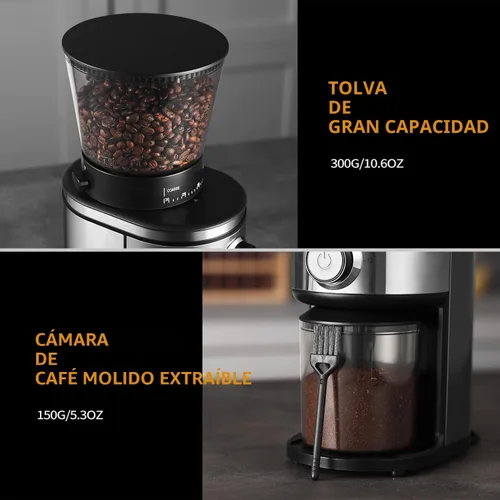Miniatura 8 de Ollygrin Molinillo de café de rebabas, molinillo de café cónico eléctrico con 30 ajustes de molienda ajustables para 2-12 tazas, plateado y negro