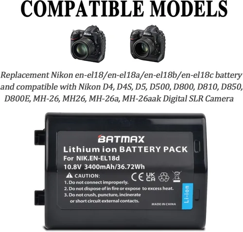 Miniatura 3 de Batmax Batería EL18d EN 3400mAh para cámaras Nikon EN-EL18d Nikon D5, D6, Z9, D4, D4S