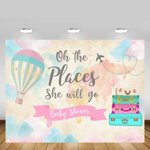 Miniatura 2 de Decoración de fiesta de baby shower de niña de viaje, telón de fondo, mapa rosa, maletas, viajes alrededor del mundo, globo aerostático, Oh The