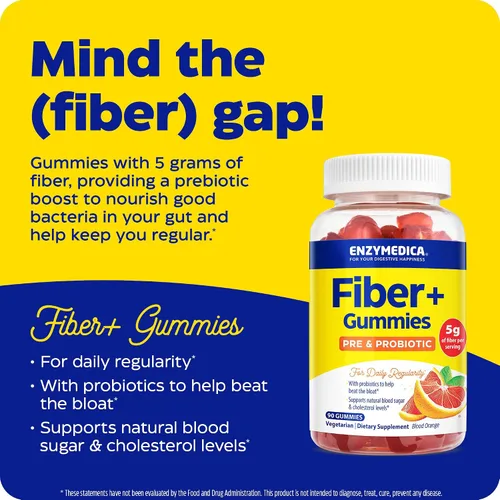 Miniatura 3 de Enzymedica Fiber+ - Gomitas prebióticas y probióticas para mujeres y hombres, salud intestinal y apoyo digestivo, 0.18 onzas de fibra y 50 mg