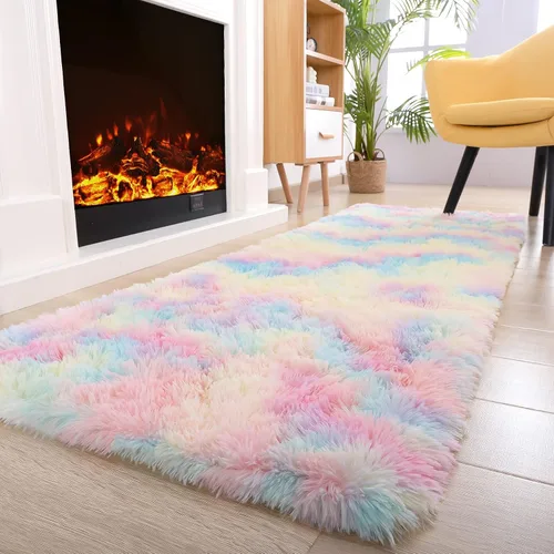 Miniatura 109 de Noahas - Alfombra suave y afelpada para habitación de niña y sala de estar, colorida, decoración para guardería, teñido anudado arcoíris, azul