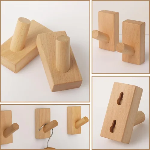 Miniatura 2 de Paquete de 4 ganchos de madera para pared, de madera natural, ahorro de espacio, sin daños, adhesivos para entrada, dormitorio, puerta de cocina