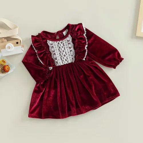 Miniatura 3 de Trajes de Navidad para niñas pequeñas, vestido de manga larga, falda vintage de encaje de una pieza, vestido de fiesta de terciopelo rojo, vestido