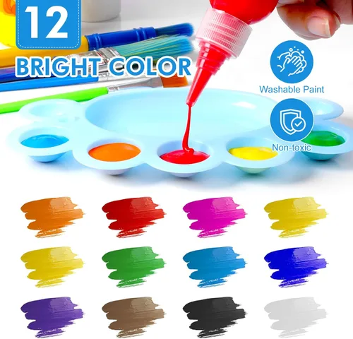 Miniatura 4 de Juego de 64 pinturas lavables, 12 colores no tóxicas para dedos con esponjas, pinceles de pintura, bata de pintura impermeable, paletas, tarjetas